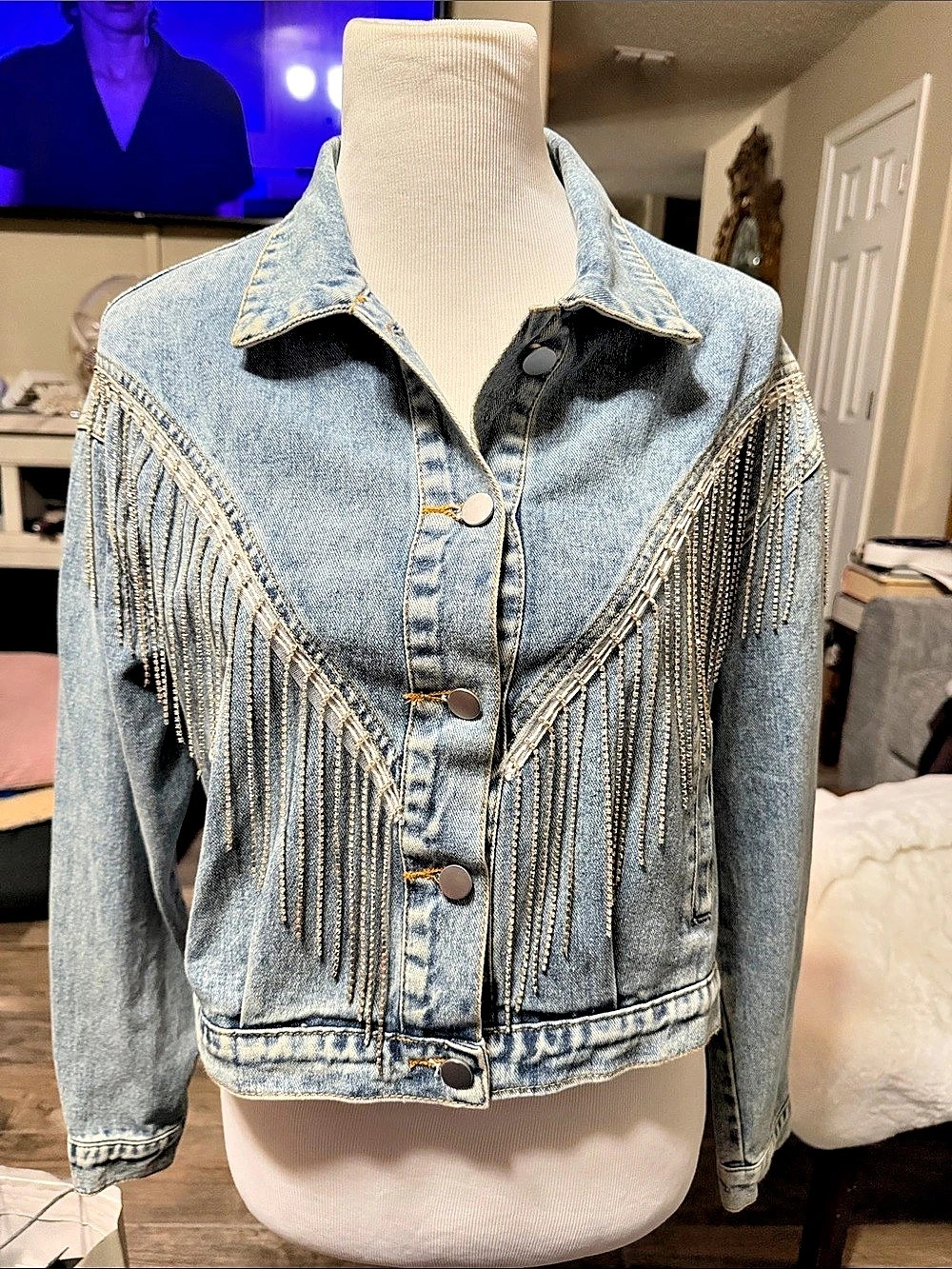 Sweet Generis Fringe Denim Jacket in Blue Size Large Like New